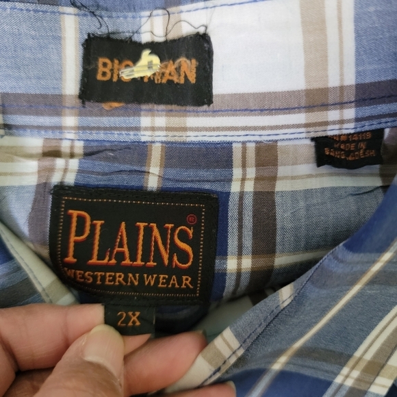 PLAINS Big Man Western Button-Up Shirt 2X Blue/White Plaid Snap Button Cotton - Picture 9 of 11